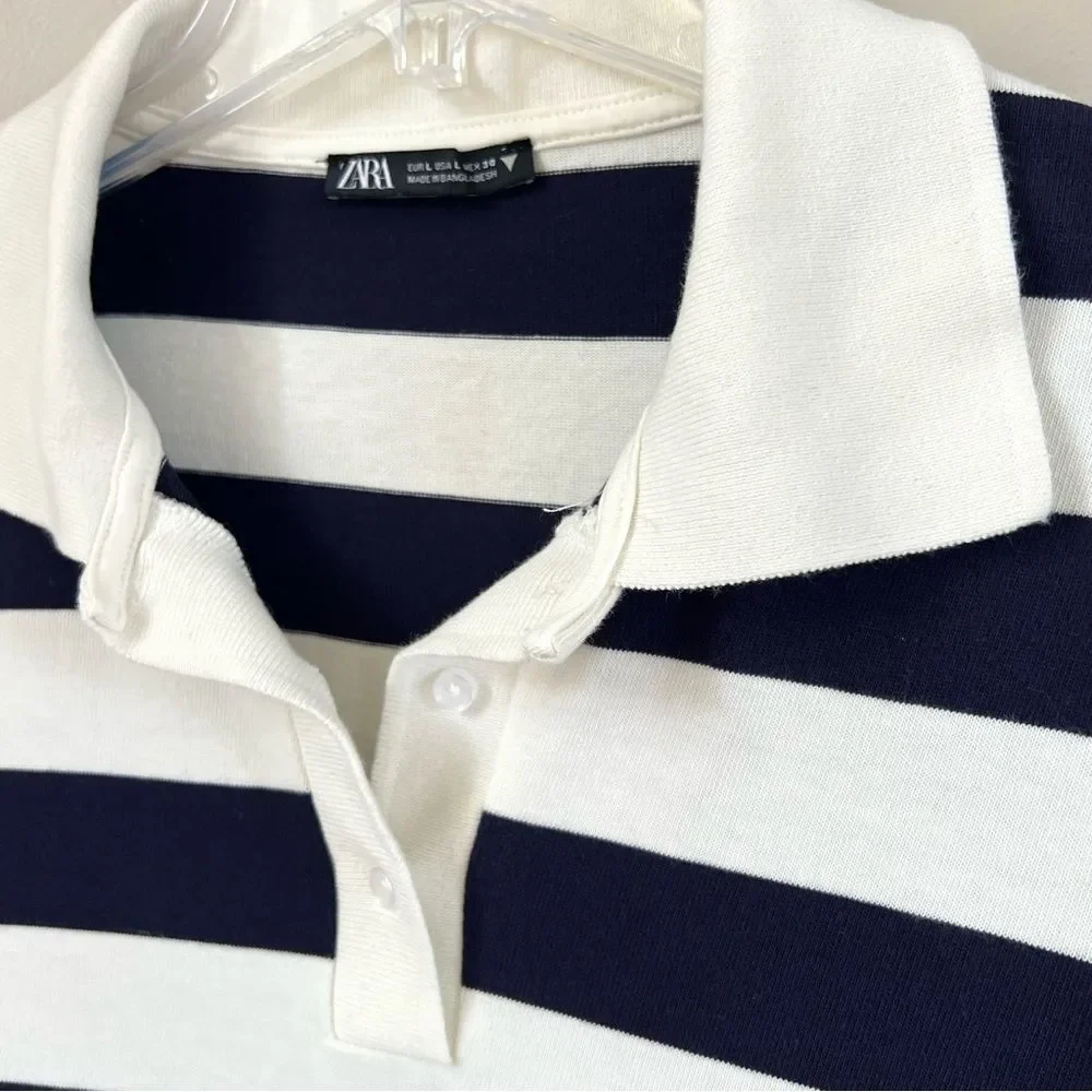 Zara Navy White Striped Long-Sleeve Cotton Rugby Preppy Polo Shirt Top SZ L - Picture 2 of 11